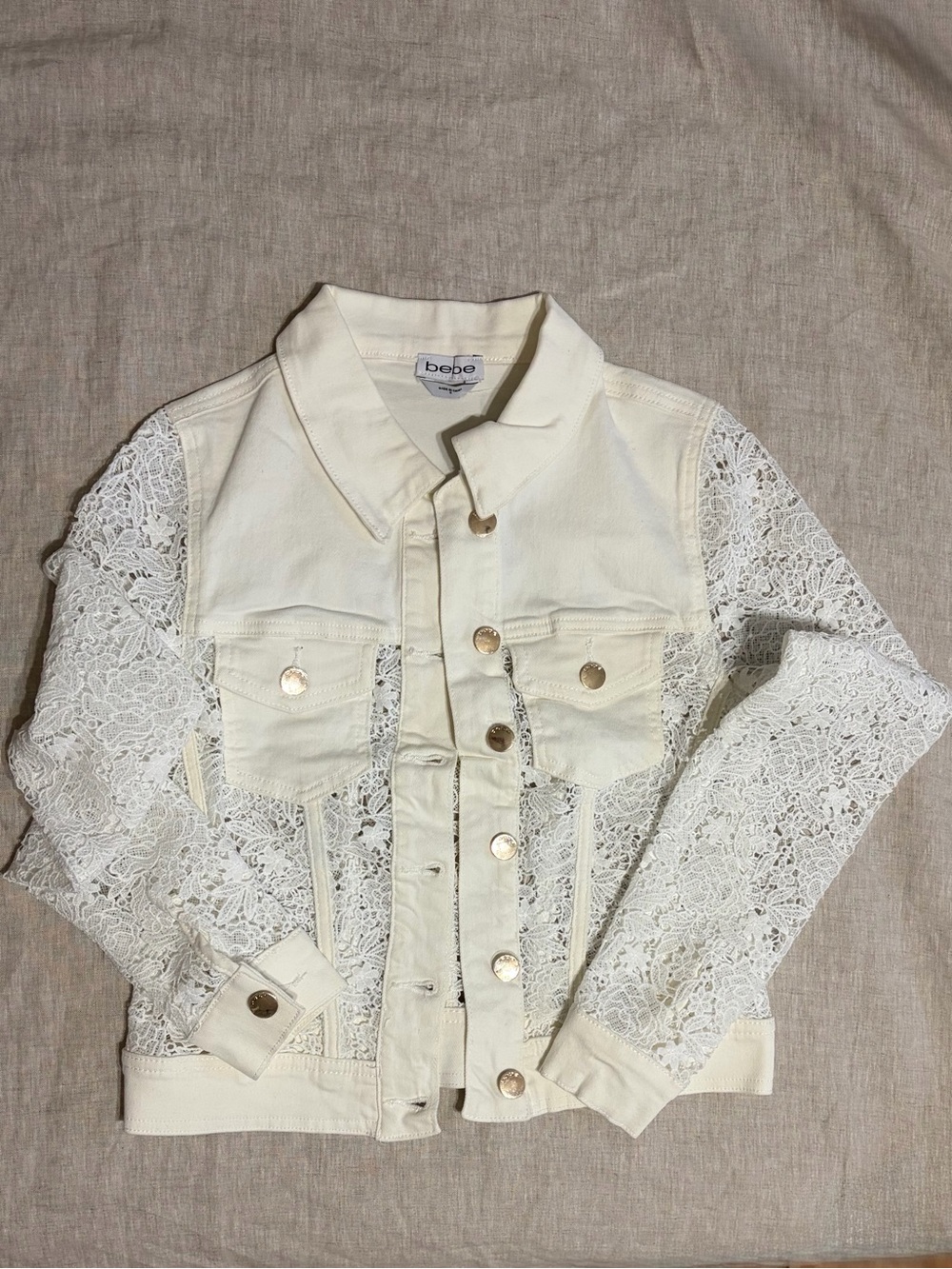 bebe White Lace-Sleeve Denim Jacket - Picture 4 of 6